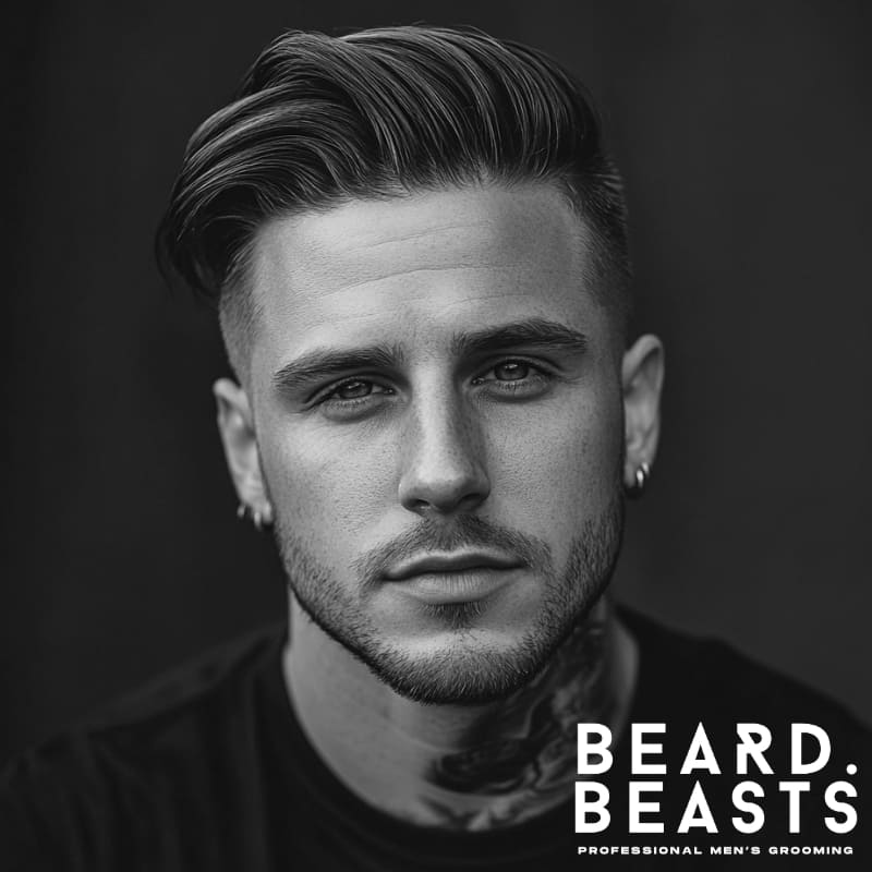 A black-and-white close-up portrait of a man with a Long Hair Comb Over Undercut, featuring a voluminous, swept-back top with a clean, tapered undercut on the sides. His hair is styled with texture and movement, creating a modern yet effortless look. A well-groomed short beard and a tattoo on his neck add to his bold and stylish appearance. His intense gaze and strong facial structure enhance the overall impact of the hairstyle.