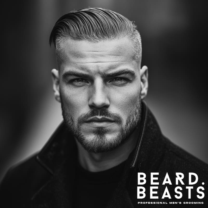 A confident man with a long hair comb over and a buzzed undercut, featuring a sharply defined contrast between the sleek, side-swept top and the closely shaved sides. His strong jawline and well-groomed beard add to the bold, masculine appeal of the look. Dressed in a dark, tailored coat, he exudes sophistication and modern style against a moody, blurred background. The black-and-white composition enhances the depth, texture, and sharpness of the haircut. The