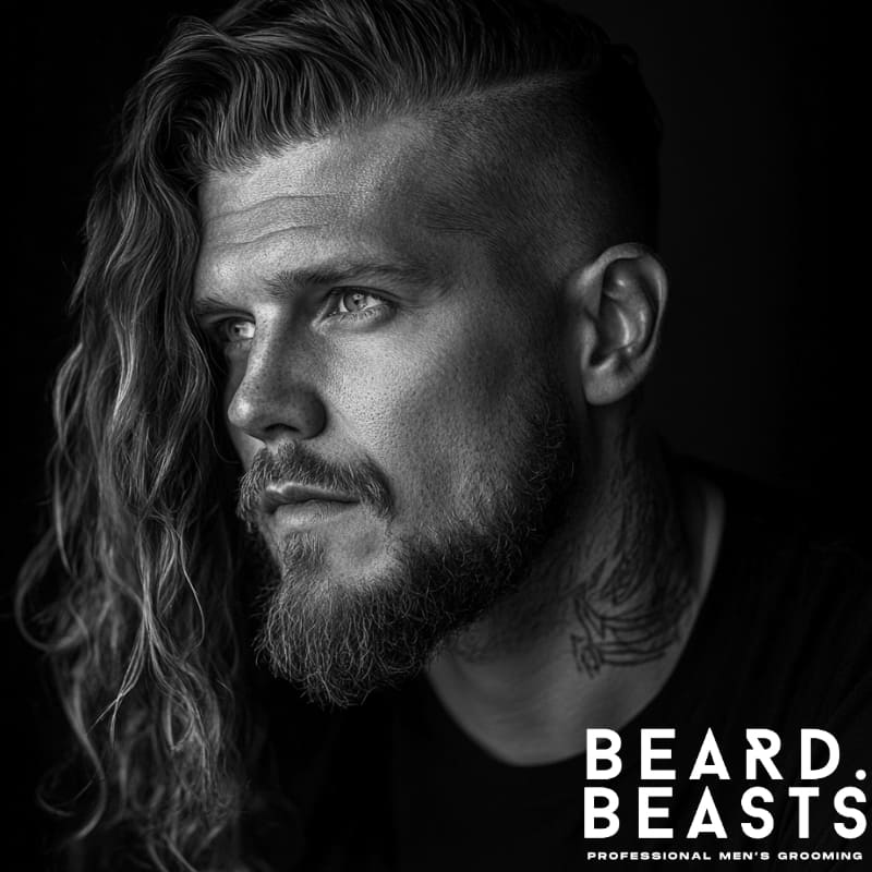 Man with long thick hair styled to one side and a high skin fade, combining clean edges with textured length—an edgy take on men’s long haircuts for thick hair.