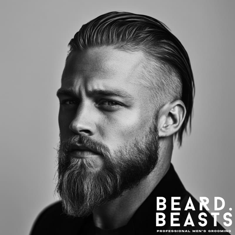 A striking black-and-white portrait of a man showcasing a slicked-back hair and beard combo, blending rugged masculinity with refined style. His long slicked-back hair flows effortlessly while maintaining structure, complementing the full Viking-inspired beard that adds dominance and intensity to his look. The sharp undercut enhances contrast, emphasizing strong facial features and creating a bold, warrior-like presence. His piercing gaze and confident expression exude strength, making this style ideal for those who want a commanding yet sophisticated aesthetic. The Beard Beasts branding reinforces high-quality men's grooming and expert styling.