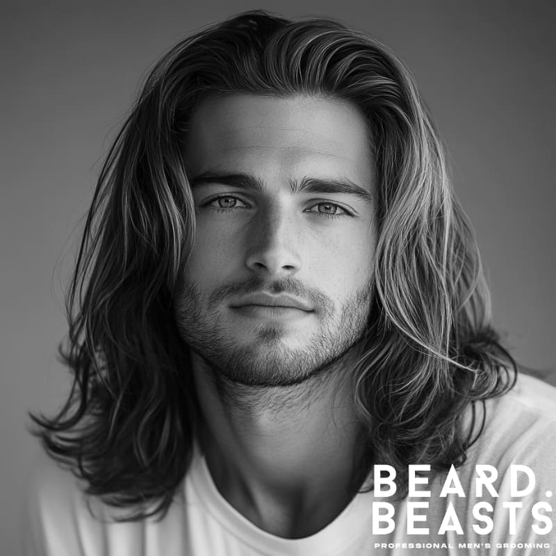 Man with long textured layers and thick hair wearing a white shirt, showcasing one of the best men’s long haircuts for thick hair with natural volume and flow.