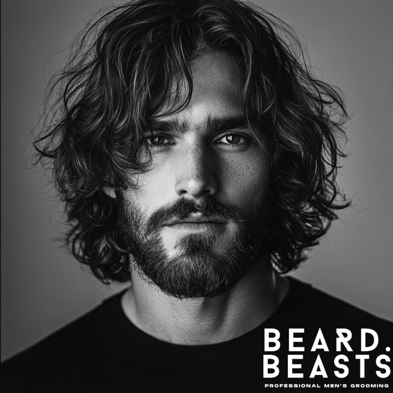 Black and white portrait of a man with long wavy hair styled with curtain bangs, featuring soft waves and a middle-parted fringe that frames the face. His hairstyle blends natural texture with layered flow, creating a relaxed and modern look. The full beard adds definition and contrast, enhancing the overall style. This is a standout example of mens long wavy hairstyles, particularly the curtain bangs variation. The Beard Beasts logo highlights the focus on professional men’s grooming.