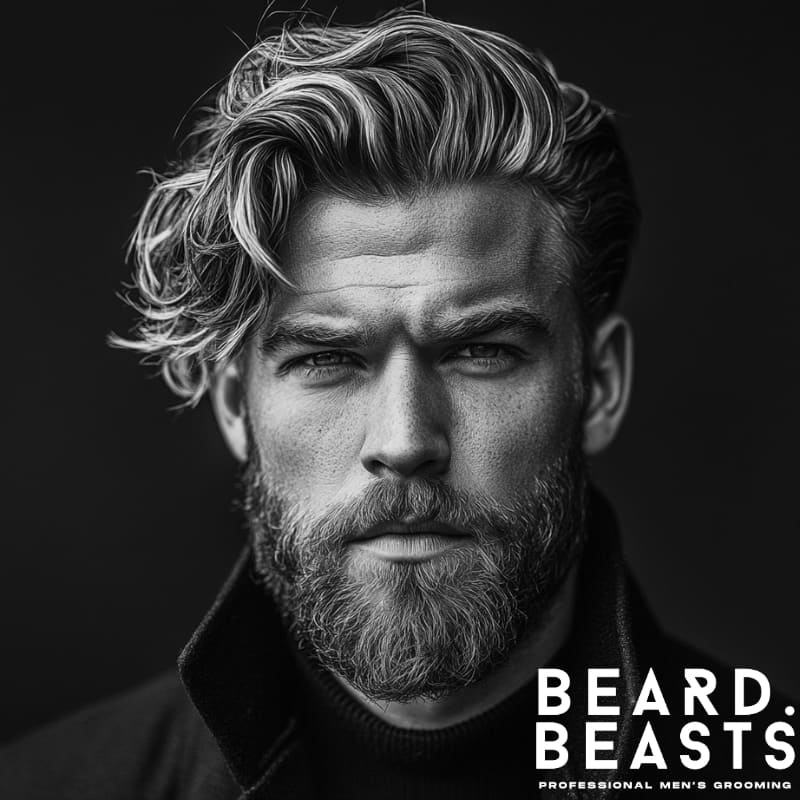Black and white portrait of a man with long wavy hair styled to the side and tapered sides, creating a structured yet textured look. His voluminous waves contrast with the clean fade, showcasing a refined version of mens long wavy hairstyles. The full beard and intense gaze add to the bold, masculine aesthetic. Branded with the Beard Beasts logo, the image highlights professional men’s grooming and style.
