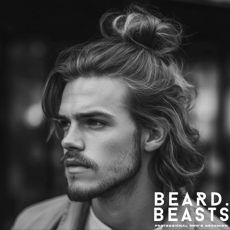 Black and white image of a man with long wavy hair styled in a loose man bun, with natural waves cascading around the sides and back. His soft facial hair and relaxed expression complement the laid-back yet polished look. This style is a strong representation of mens long wavy hairstyles, particularly the man bun variation. The Beard Beasts logo is visible, emphasizing professional men’s grooming and modern style.