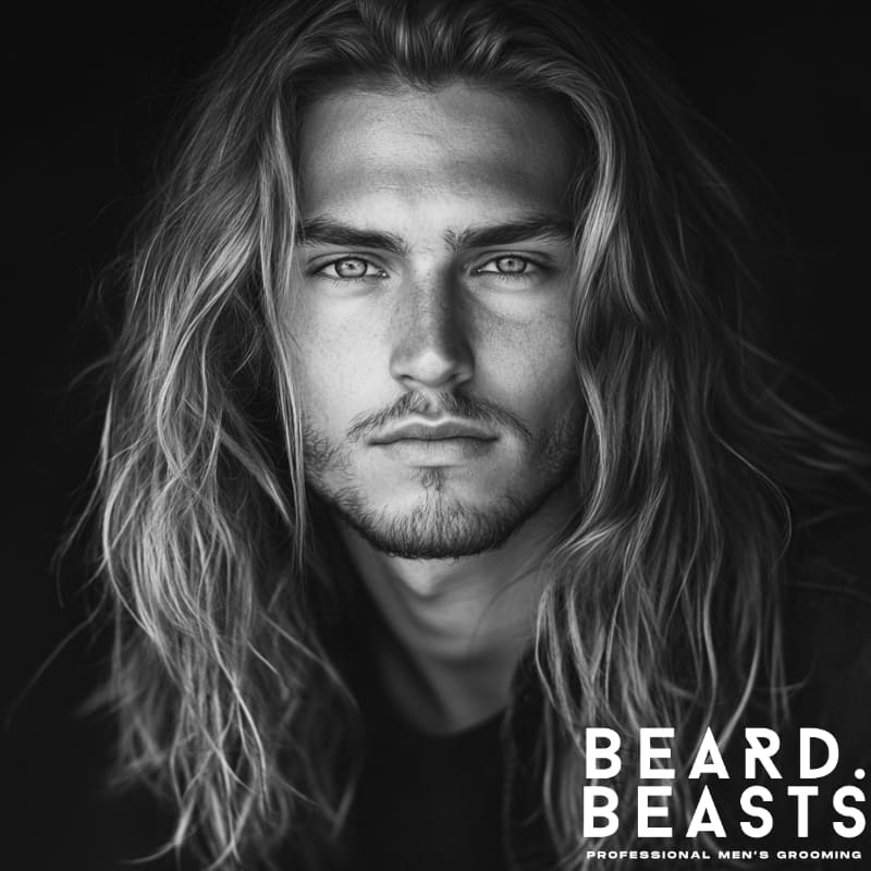 Black and white portrait of a man with long wavy textured layers, showcasing a voluminous and natural hairstyle. His hair falls past the shoulders with visible wave definition and layering for movement. Ideal for oval and rectangular face shapes, this look represents a bold yet refined example of mens long wavy hairstyles. The image is branded with the Beard Beasts logo, emphasizing professional men’s grooming.