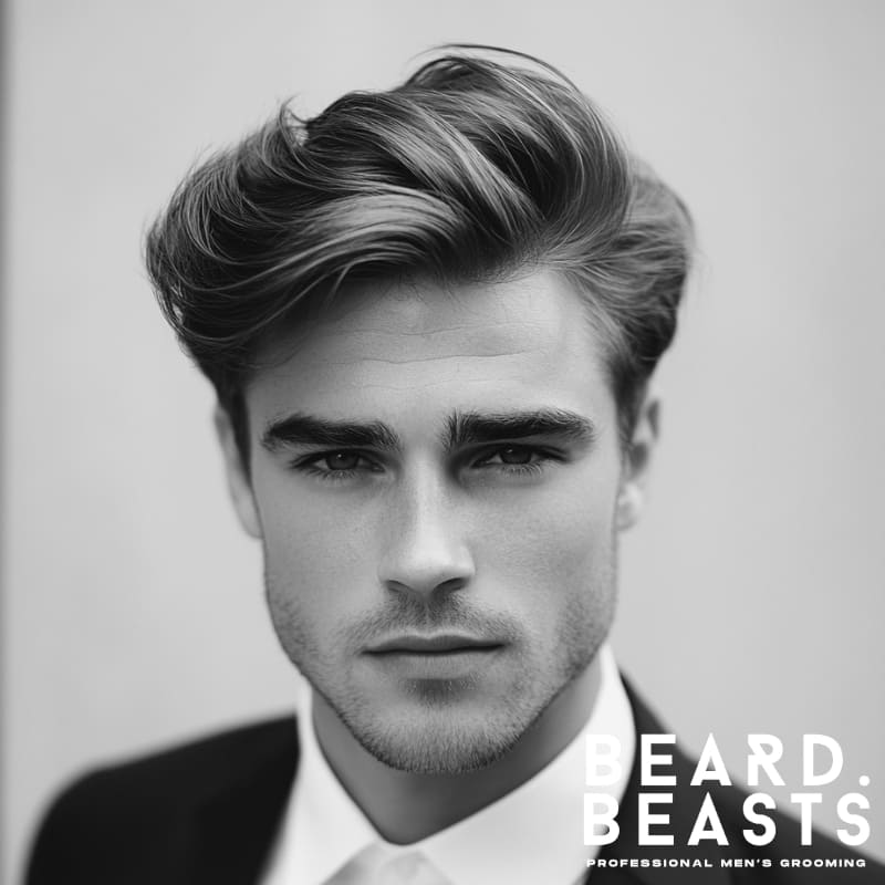 A confident man with a loose comb over and a soft side part, featuring a voluminous, naturally textured top swept to one side. The relaxed styling creates effortless movement, giving the hairstyle a modern yet timeless appeal. His well-groomed light stubble complements his sharp jawline, enhancing his refined and sophisticated look. Dressed in a crisp white shirt and tailored black blazer, he exudes effortless elegance against a clean, minimalist background. The