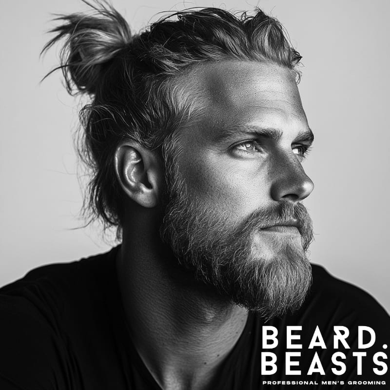 Black and white side portrait of a man with a textured man bun and full beard, featuring naturally wavy hair pulled back for a clean yet rugged appearance. The hairstyle highlights the wave pattern while maintaining structure, making it a strong example of mens long wavy hairstyles. His confident expression and well-groomed beard enhance the masculine, modern look. Ideal for men seeking a practical yet stylish long hairstyle.