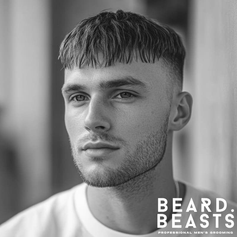 Black and white portrait of a stylish young man with a French Crop haircut, featuring a sharp high skin blend that seamlessly blends into the textured, forward-swept fringe. The structured top is cut evenly with subtle layering, creating a clean, modern look. His light beard is neatly shaped, complementing his strong jawline and adding to the well-groomed aesthetic. Wearing a crisp white t-shirt, he exudes a fresh, effortless style that balances sophistication and casual appeal. The Beard Beasts logo highlights the focus on professional men’s grooming and sharp, stylish haircuts.