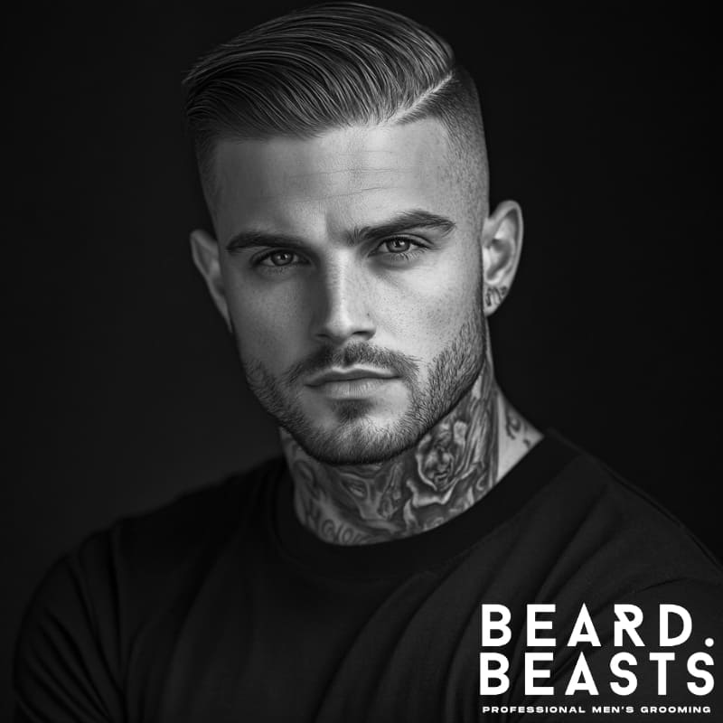 Black and white portrait of a confident man with a Hard Part Undercut Fade, featuring a razor-sharp part that cleanly separates the sleek, side-swept top from the high fade. The fade transitions seamlessly into the skin, creating a bold contrast that enhances the structured look. His well-groomed beard blends smoothly into the fade, complementing his strong jawline. Intricate neck tattoos add an edgy, rebellious touch, while his fitted black T-shirt reinforces the modern, masculine aesthetic. The Beard Beasts logo highlights the focus on premium men’s grooming and professional styling.