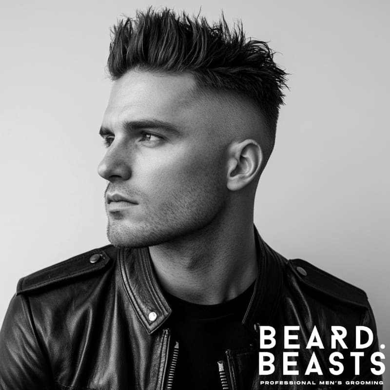 Black and white portrait of a stylish man with a High Fade Undercut, featuring a sharp skin fade on the sides and a textured, spiky top. He wears a black leather jacket over a fitted black shirt, exuding a bold, modern, and confident look. His chiseled jawline, light stubble, and intense gaze add to the strong, masculine aesthetic. The monochrome tones enhance the contrast between his sharply styled hair and smooth fade, making the details stand out.