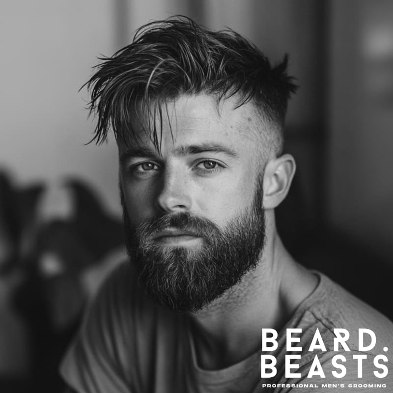 Black and white portrait of a rugged, bearded man with a messy, textured hairstyle. His tousled hair falls naturally over his forehead, complementing his intense gaze and well-groomed beard. The faded sides add sharp contrast to the longer, unstructured top, giving the look a raw yet stylish appeal. Dressed in a casual t-shirt, he exuded effortless masculinity and modern grooming. The monochrome tones enhance the depth and texture of his features, making this a striking and timeless portrait of contemporary men's style.