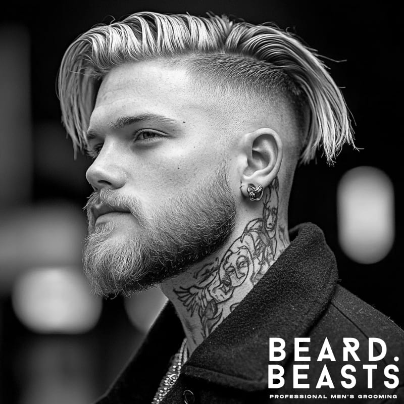 Black and white portrait of a stylish man with a Skin Fade Undercut, featuring a sharp high fade that contrasts with the long, textured slick-back top. His hair flows naturally with a tousled finish, adding volume and movement. A well-groomed beard blends seamlessly into the fade, complementing his strong jawline. Bold accessories, including statement earrings and layered chains, enhance his edgy aesthetic, while intricate neck tattoos add a rebellious yet sophisticated touch. The Beard Beasts logo reinforces the focus on premium men's grooming and modern hairstyling.