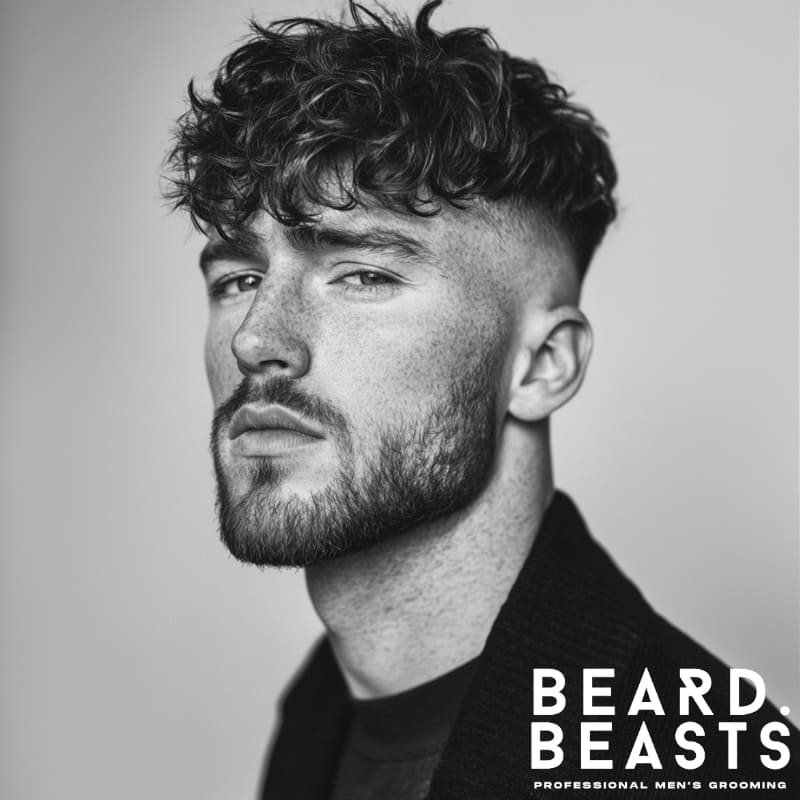 Black and white portrait of a stylish man with a Textured Undercut Fade, featuring a sharp high skin fade on the sides and a voluminous, wavy top. His naturally curly hair is left tousled for a relaxed yet modern look, creating a striking contrast with the clean fade. He sports a well-groomed beard that seamlessly blends into the faded sides, enhancing his chiseled jawline. Wearing a dark, textured jacket over a black shirt, he exudes a confident and effortlessly cool aesthetic.