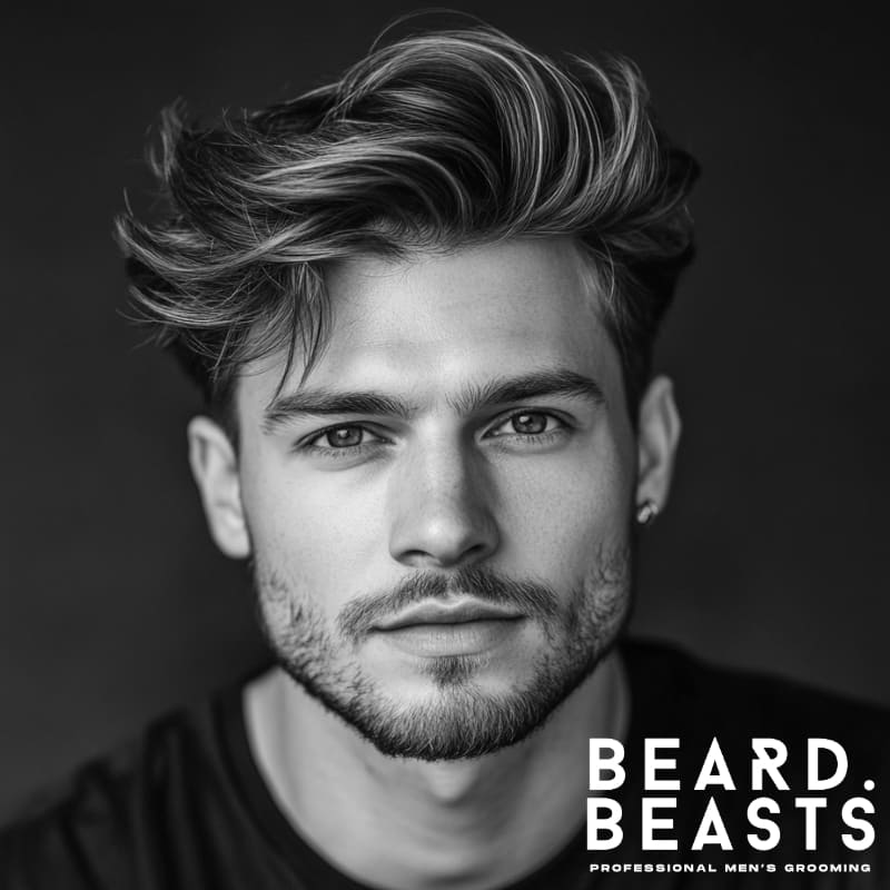 A confident man with a messy comb over haircut, featuring medium-length hair styled with natural texture and volume. The top is swept to one side in a structured yet tousled manner, creating an effortlessly stylish look. His neatly tapered sides contrast with the voluminous, wavy movement of the comb over, enhancing the modern and relaxed aesthetic. Complemented by a well-groomed short beard, he exudes a charismatic and trendy vibe. The