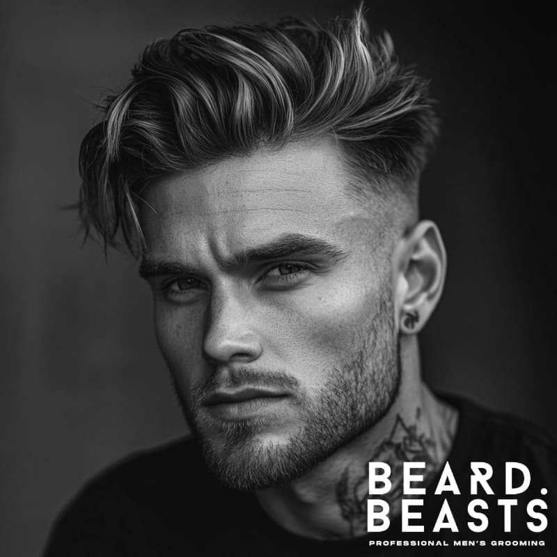 A black-and-white close-up portrait of a man with a Messy Comb Over Undercut, featuring a voluminous, textured top styled in a tousled manner. The sides are faded cleanly, creating a sharp contrast that highlights the natural movement of the hair. His well-groomed beard and intense expression add to the modern, masculine look. The blurred background keeps the focus on his hairstyle and facial features.