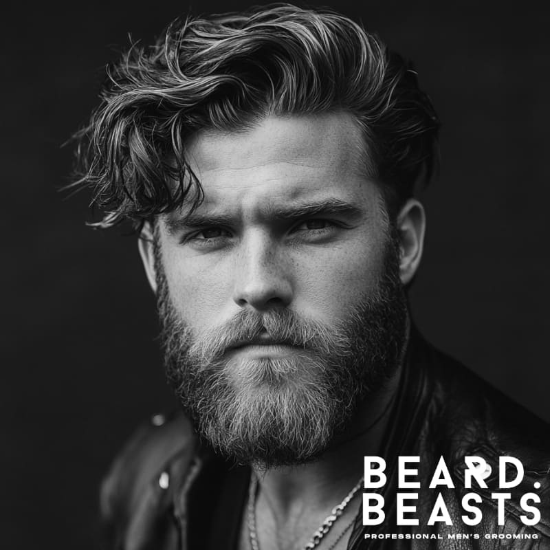 Black and white portrait of a man with a messy long hair comb over, featuring voluminous, tousled waves swept loosely to the side. The hairstyle has a natural matte finish with visible texture and movement, paired with a full, well-groomed beard. He is wearing a leather jacket and chain necklace, giving the image a rugged, confident look. The Beard Beasts logo is displayed in the bottom corner, emphasizing a bold, modern men's grooming style.