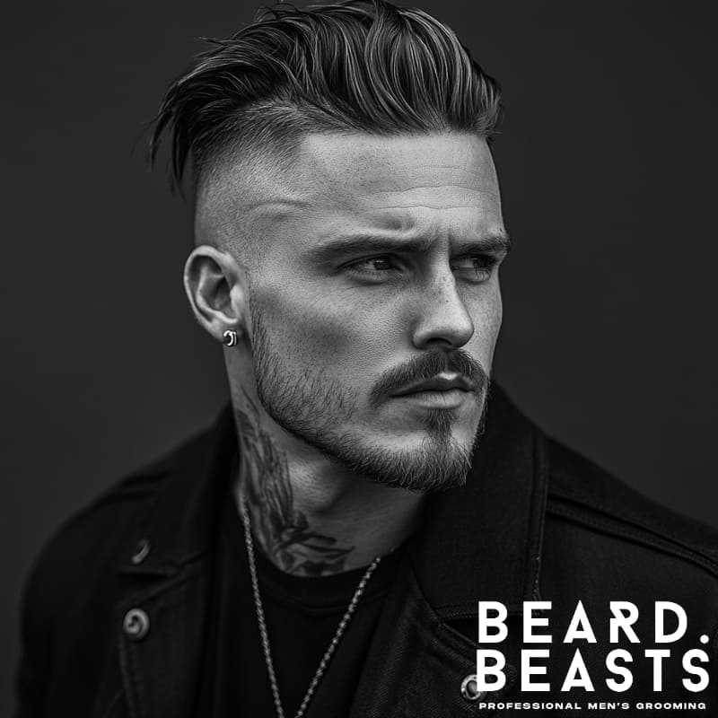 A captivating black-and-white portrait of a man featuring a messy slicked-back hair and short beard combo, embodying a rugged yet effortlessly stylish look. His textured slicked-back hair adds movement and depth, creating a modern, rebellious edge, while the short, well-groomed beard enhances his sharp jawline. The subtle fade on the sides provides structure, balancing the controlled chaos of the hairstyle with a refined, masculine appearance. Paired with a dark jacket, layered accessories, and a striking tattoo, this look reflects confidence and individuality. The dramatic lighting and intense expression further elevate the bold and contemporary men’s grooming aesthetic.