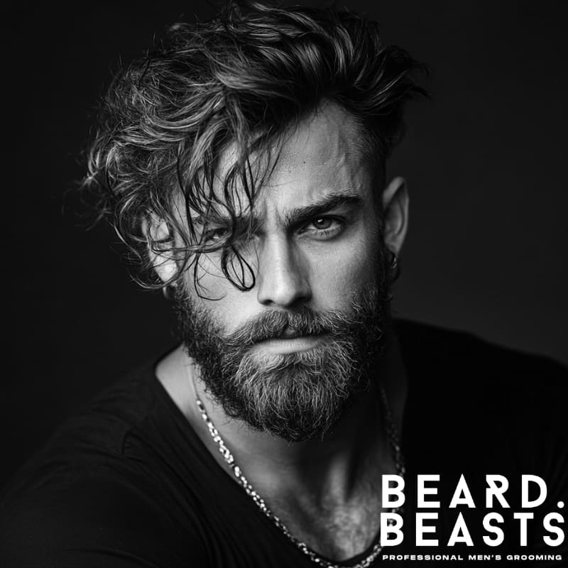 Black and white portrait of a man with a messy wavy flow hairstyle, featuring long, textured waves swept forward and to the side. His voluminous hair and full beard create a bold, rugged appearance. This look is a standout example of mens long wavy hairstyles, emphasizing natural movement and an effortlessly styled finish. The Beard Beasts logo is visible, promoting professional men’s grooming.