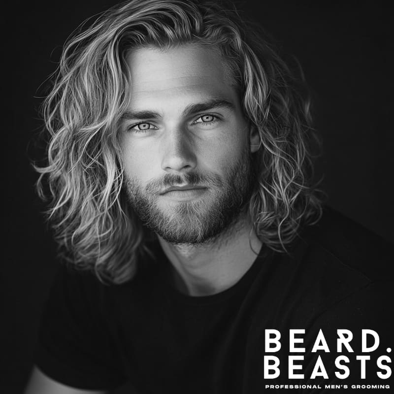 Black and white portrait of a man with shoulder-length surfer waves, featuring loose, textured curls and a natural flow. His relaxed expression, full beard, and tousled hairstyle reflect a laid-back beach-inspired look. This image showcases a classic example of mens long wavy hairstyles, particularly the surfer wave style. The Beard Beasts logo is visible, reinforcing the focus on professional men’s grooming.
