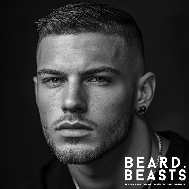 Black-and-white close-up image of a man with a short hair comb over and beard style. His hair is neatly styled to the side with a clean, tapered fade on the sides, giving a sharp and defined look. He wears a short, well-maintained beard that enhances his strong jawline. The combination of the tidy hairstyle and subtle beard creates a clean and masculine appearance.