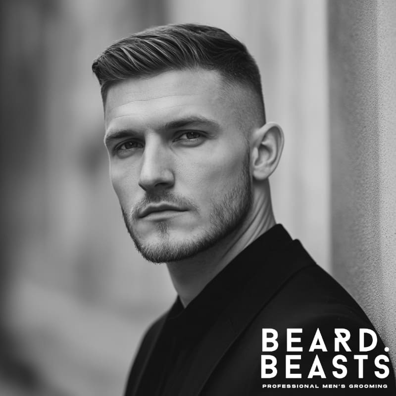 A confident man with a short textured comb over haircut, featuring a neatly styled top with natural volume and a clean, tapered fade on the sides. His well-groomed beard enhances his sharp jawline, adding to the refined and masculine appeal of the look. Dressed in a sleek black suit, he exudes sophistication and effortless style against an elegant architectural backdrop. The black-and-white composition highlights the contrast and texture of the haircut, emphasizing its polished yet modern finish. The