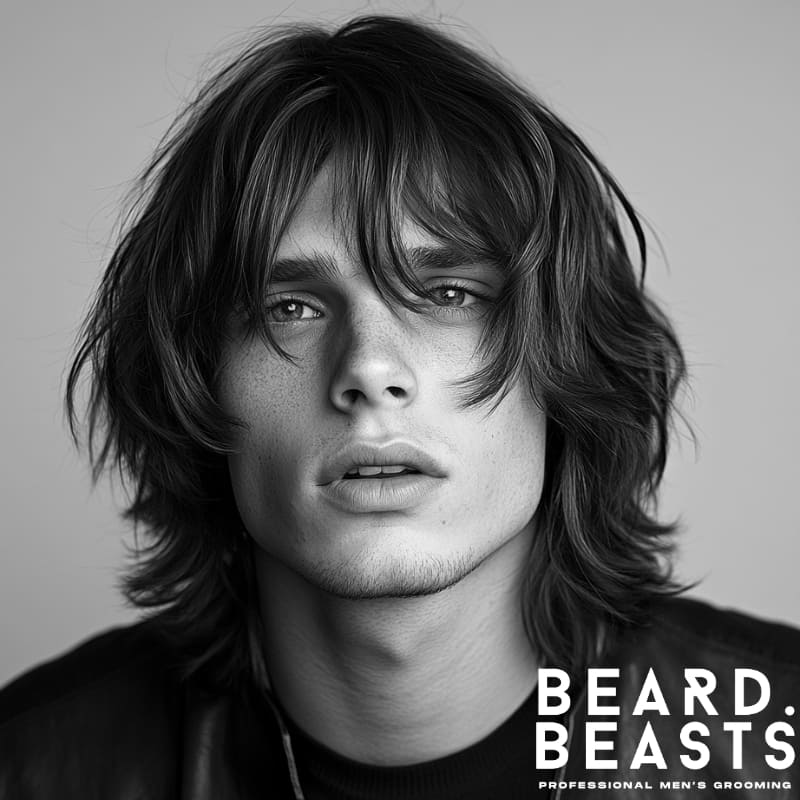 Man with a shoulder-length haircut and curtain bangs, showcasing one of the best men’s long haircuts for thick hair with soft layers and natural volume.