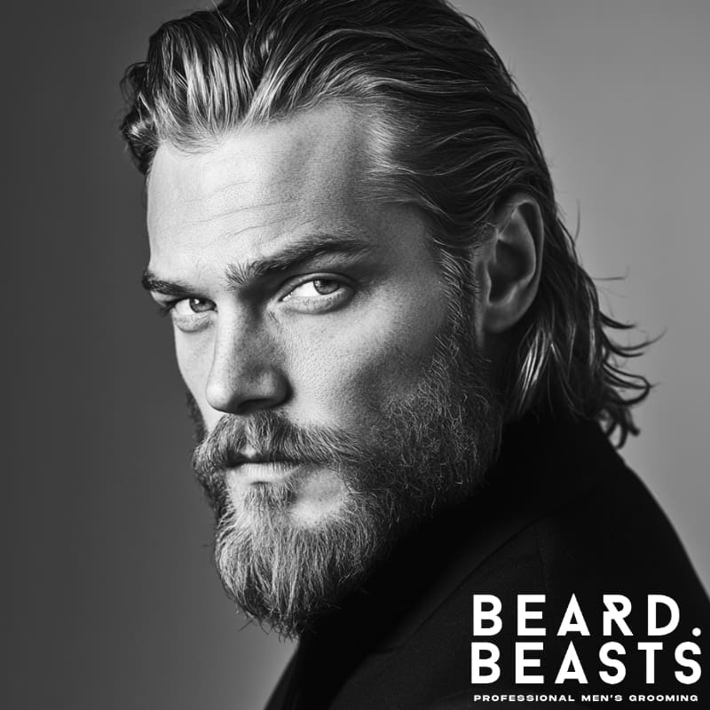 A striking black-and-white portrait of a man showcasing a shoulder-length slicked-back hair and beard combo, exuding rugged sophistication and timeless masculinity. His slicked-back, flowing hair adds a natural yet controlled aesthetic, while the full, slightly unkempt beard enhances his bold and confident presence. The intense gaze and chiseled features are accentuated by dramatic lighting, highlighting the raw power of this look. This style perfectly balances refined grooming with a wild, untamed edge, making it ideal for men who embrace both strength and elegance. The Beard Beasts branding reinforces the commitment to premium men's grooming and expert styling.