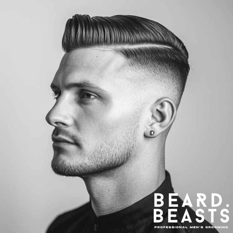 A sharp and stylish man with a side part comb over and a skin fade, featuring a sleek, neatly combed top with a distinct hard part and a smooth fade that seamlessly blends into the skin. His well-groomed beard and defined jawline add to the polished, modern aesthetic. The black-and-white composition enhances the contrast and texture of the haircut, emphasizing its precision and structure. Wearing a fitted black button-up shirt, he exudes confidence and sophistication against a clean, minimalist background. The