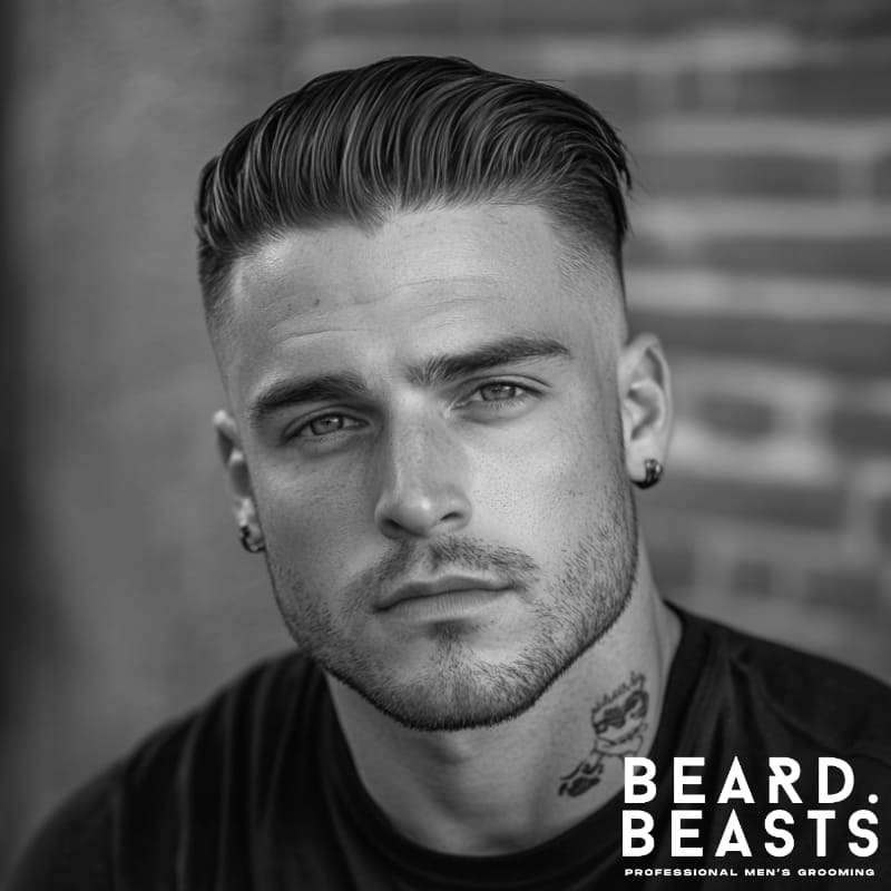 A striking black-and-white portrait of a man showcasing a sleek slicked-back hair and beard combo, exuding effortless confidence and modern sophistication. His smooth, precisely styled slicked-back hair enhances his sharp facial features, while the neatly trimmed stubble adds a subtle rugged contrast. The clean fade on the sides creates a structured, polished look that balances sharpness with a relaxed edge. Set against a blurred brick background, this image perfectly embodies timeless masculinity and professional grooming.