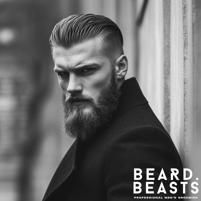 A powerful black-and-white portrait of a man showcasing a sleek slicked-back hair with a Viking-inspired beard, embodying strength, confidence, and timeless masculinity. His precisely styled slicked-back hair creates a sharp, refined appearance, while the long, full beard adds a bold, warrior-like presence. The intense gaze and structured facial features are further emphasized by dramatic lighting, enhancing the rugged yet sophisticated aesthetic. Dressed in a dark, tailored coat, this look perfectly blends modern elegance with old-world masculinity. The Beard Beasts branding reinforces the commitment to professional men's grooming and bold, distinguished styling.