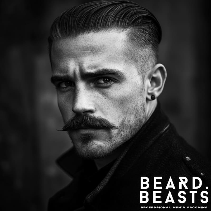 A bold black-and-white portrait of a man showcasing a classic look with a mustache, combining vintage charm with modern sophistication. His sleek, precisely styled hair creates a polished and structured appearance, while the well-groomed, curled mustache adds a touch of classic refinement. The sharp undercut enhances the contrast, highlighting strong facial features and an intense, confident gaze. His dark attire and piercing expression exude a mysterious, timeless appeal, making this style perfect for those who appreciate traditional grooming with a contemporary edge.