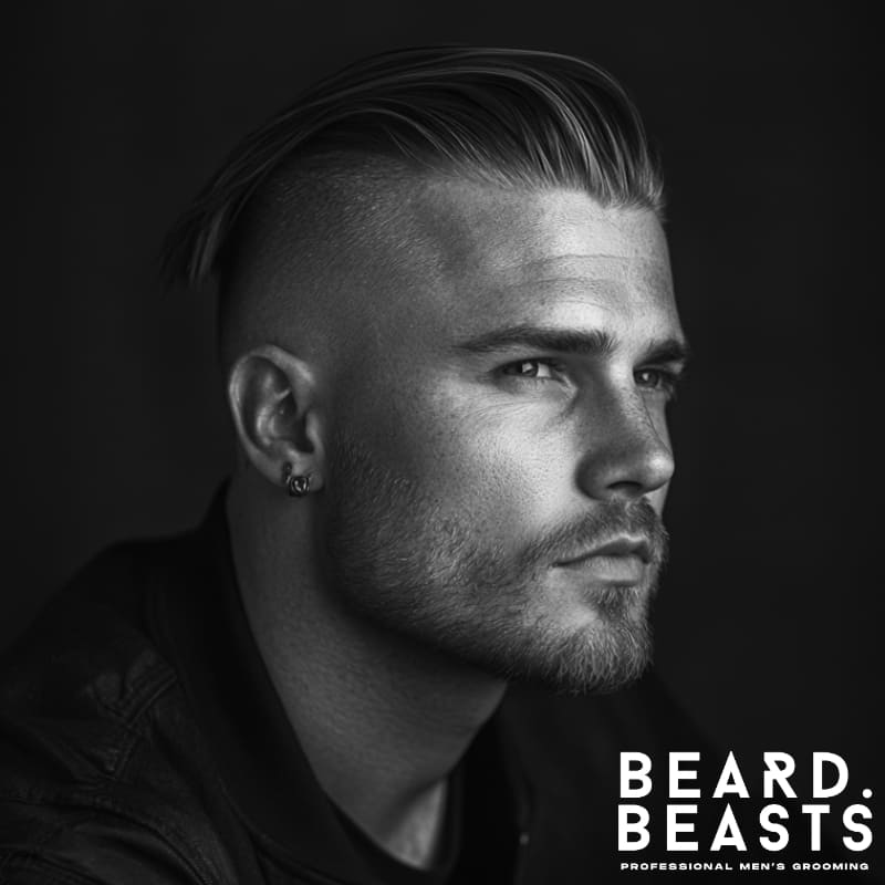 A bold and stylish black-and-white portrait of a man featuring a buzzed undercut with a short, well-groomed look, creating a striking contrast between sharp structure and rugged refinement. His neatly styled hair flows seamlessly from the longer top into a clean, buzzed undercut, emphasizing the modern and edgy appeal of this style. The precisely trimmed facial hair enhances his jawline, adding definition while maintaining a polished, masculine appearance. The dramatic lighting and dark background accentuate his strong facial features, reinforcing a timeless yet contemporary aesthetic.