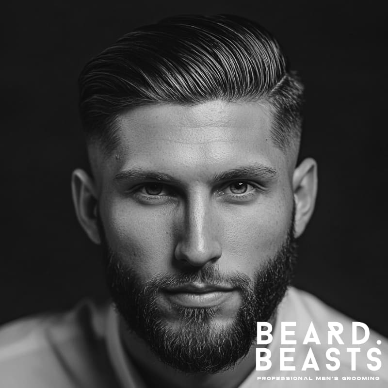 Black and white portrait of a man with a slicked back comb over hybrid hairstyle, featuring medium-length hair styled back and slightly to the side with a glossy finish. He has a clean skin fade on the sides and a full, well-groomed beard. The man is wearing a button-up shirt and poses against a dark background. The Beard Beasts logo is displayed in the corner, reflecting a modern, professional men’s grooming style.
