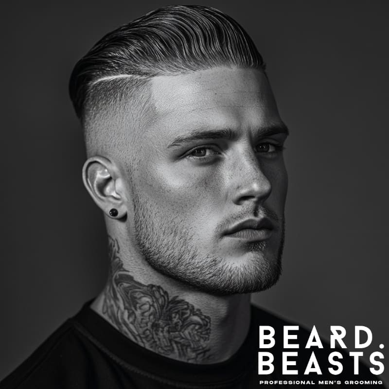 A striking black-and-white portrait of a man showcasing a slicked-back hair and beard combo, featuring a sharp skin fade undercut with stubble for a bold and modern look. His sleek, precisely styled slicked-back hair contrasts with the clean fade, creating a structured and refined appearance. The neatly trimmed stubble enhances his strong jawline, adding a touch of rugged masculinity while maintaining a polished aesthetic. His confident expression and intricate neck tattoo further emphasize the edgy yet sophisticated vibe of this style. The Beard Beasts branding reinforces the commitment to high-quality men's grooming and expert styling.