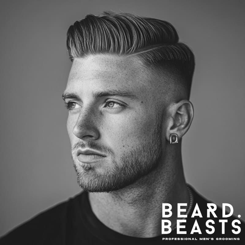 A black-and-white portrait of a stylish young man with a textured comb-over haircut, featuring a voluminous top and a sharp fade on the sides. His light stubble and well-groomed beard complement his chiseled jawline, while his piercing eyes and confident gaze add to his striking appearance. He wears a modern, minimalistic earring and a black shirt, enhancing the edgy yet sophisticated look. The monochrome setting highlights the texture and depth of his hair, making the hairstyle the focal point of the image. The