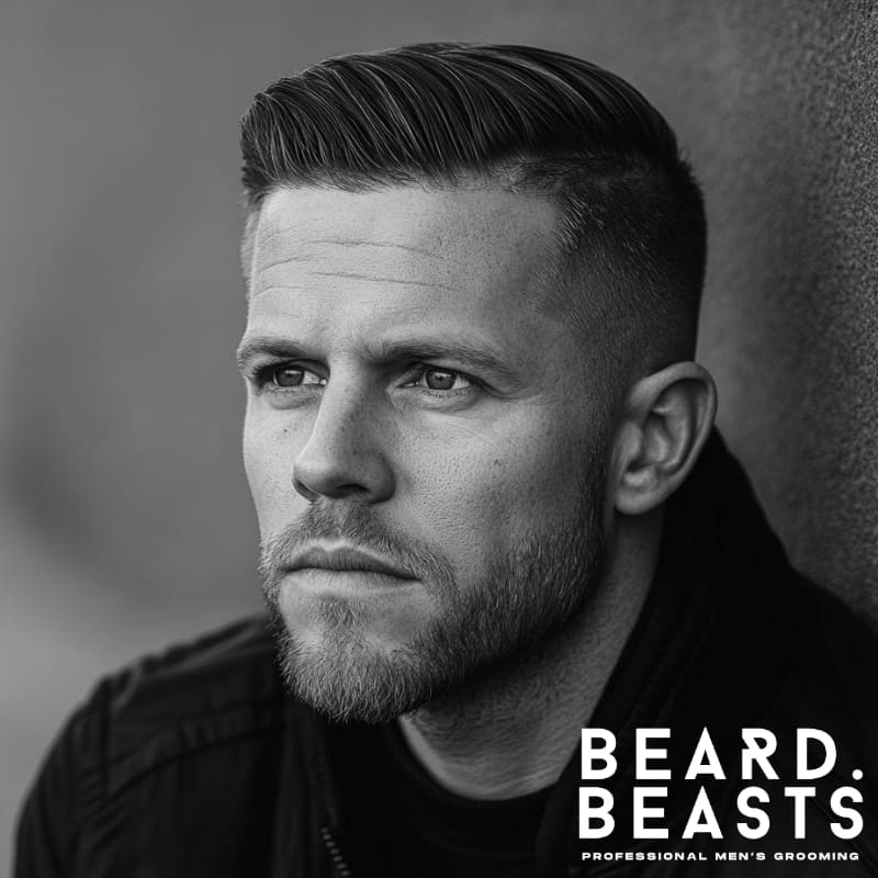 A stylish Textured Comb Over Undercut, featuring a voluminous, natural-looking top with a clean fade on the sides. The model, dressed in a black jacket, exudes confidence with a sharp, masculine look. His well-groomed beard complements the hairstyle, adding to the rugged yet polished appearance. The monochrome aesthetic enhances the timeless appeal of the style. The Beard Beasts logo in the lower right corner reinforces the brand’s focus on professional men’s grooming and premium styling products.