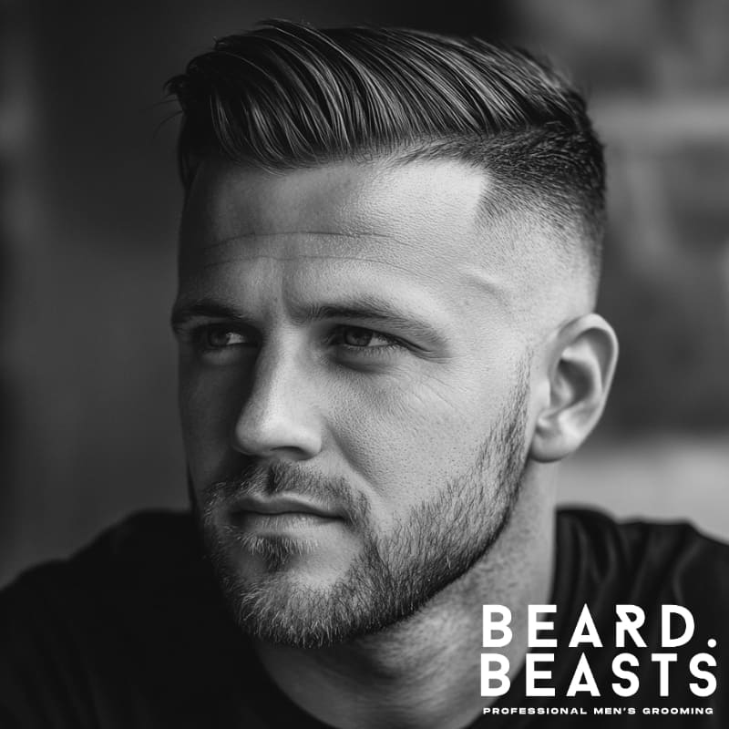A black-and-white close-up image of a man with a textured comb over and beard style. His hair is styled with volume and direction, neatly swept to the side with a soft, natural texture. The fade on the sides is clean and gradual, complementing his well-groomed short beard that outlines his jawline. His thoughtful expression and casual attire contribute to a relaxed yet polished appearance. The Beard Beasts logo in the corner highlights the focus on professional men’s grooming.