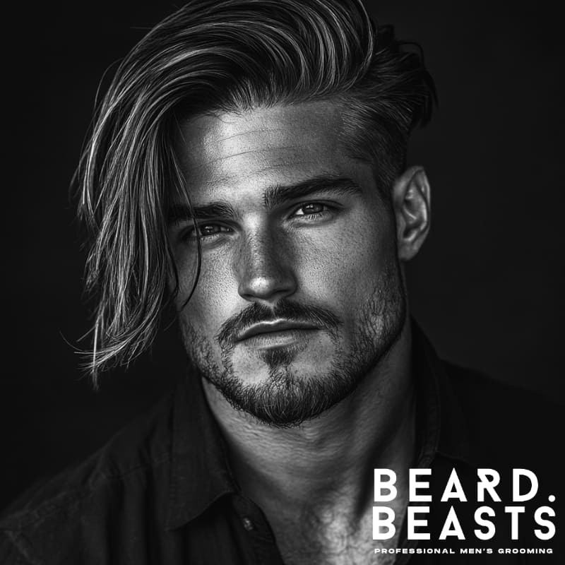 Black and white portrait of a man with a textured long hair comb over, featuring long, voluminous hair swept dramatically to the side with visible separation and movement. The hairstyle has a matte, natural finish with short, tapered sides and a subtle blend. He has a defined beard and wears an open-collar shirt. The image has a bold, modern grooming aesthetic and includes the Beard Beasts logo in the corner.