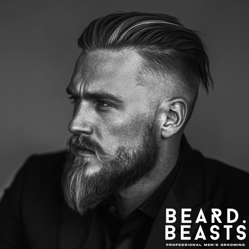 A bold black-and-white portrait of a man featuring a textured slicked-back hair and beard combo, combining modern refinement with a rugged Viking-inspired aesthetic. His slicked-back undercut adds sharp contrast, emphasizing the structured yet voluminous texture of his hair, while the full Viking beard with a subtle mustache twist enhances his commanding presence. The well-groomed beard and neatly styled hair create a powerful balance between sophistication and raw masculinity. His strong profile and intense gaze exude confidence, making this style perfect for those who want a distinct, warrior-like look with a contemporary edge. The Beard Beasts branding reinforces a commitment to high-quality men's grooming and expert styling.