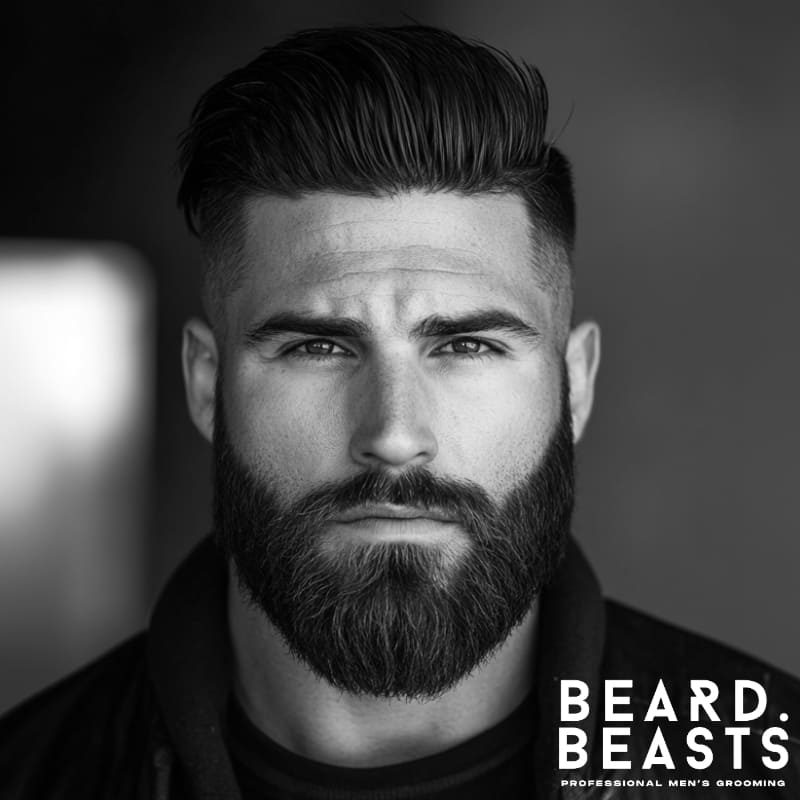 A bold and masculine black-and-white portrait of a man sporting a textured slicked-back hair and beard combo, exuding strength and confidence. His voluminous, slightly tousled slicked-back hairstyle adds depth and movement, while his full, well-groomed beard enhances his rugged yet refined appearance. The high-contrast lighting highlights his sharp facial structure, creating a commanding and stylish presence.