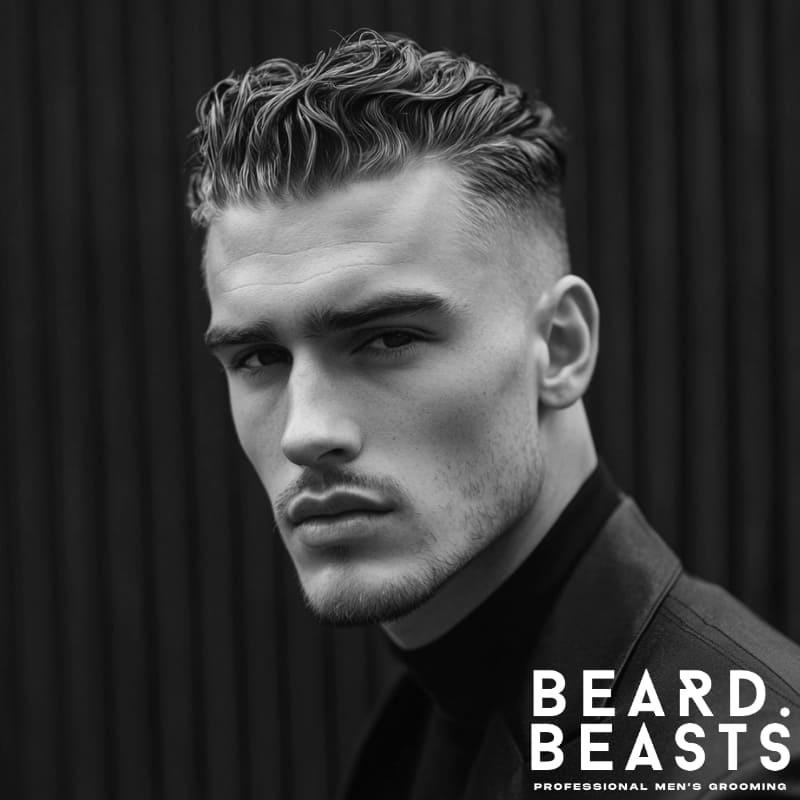 A stylish black-and-white portrait of a man featuring a textured wavy hairstyle with light stubble, blending sophistication with a natural, effortless appeal. His wavy hair adds depth and movement, creating a relaxed yet polished look, while the subtle facial hair enhances his features with refined definition. The soft fade on the sides complements the volume on top, striking the perfect balance between structure and casual refinement. His intense gaze and sleek attire further highlight the modern, confident aesthetic of this style.