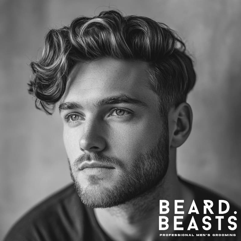 A stylish man with a wavy comb over haircut, featuring naturally voluminous waves swept to one side for a relaxed yet refined look. The neatly tapered sides create a clean contrast, enhancing the movement and texture of the wavy top. His well-groomed beard complements his sharp jawline, adding to the modern and masculine aesthetic. Dressed in a casual black t-shirt, he exudes effortless confidence against a softly lit background. The