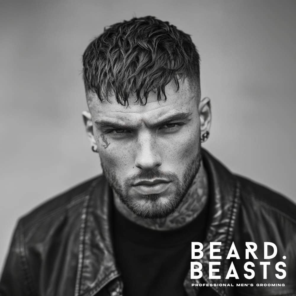 Black and white portrait of a man with a wavy messy textured crop hairstyle featuring a high skin fade. The hair on top is styled with natural, tousled waves, creating volume and a rugged look. The sides are sharply faded to the skin, providing a clean contrast to the wavy, textured top. The man wears a black leather jacket and exudes a strong, edgy vibe, complemented by the