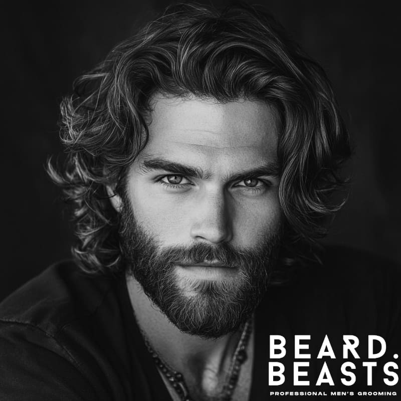 Black and white portrait of a man with wavy shoulder-length layered hair, styled with natural volume and texture. His waves frame the face and cascade slightly past the jawline, showcasing a clean, masculine look paired with a full beard. This hairstyle is a classic example of mens long wavy hairstyles, particularly the wavy shoulder-length layers variation. The Beard Beasts logo reinforces the focus on professional men’s grooming and style.