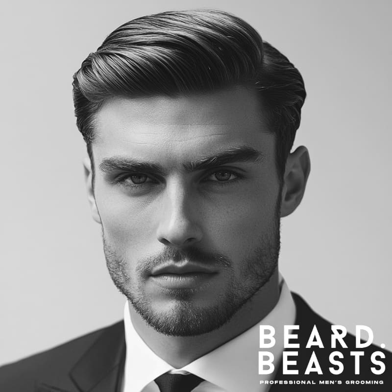 A sophisticated man with a wet look comb over haircut, featuring a sleek, high-shine finish and a structured side part. His hair is styled smoothly with pomade or gel, reflecting light for a polished and refined appearance. A neatly trimmed short beard enhances his chiseled jawline, complementing the clean and professional aesthetic. Dressed in a tailored black suit and tie, he exudes confidence and elegance against a minimalistic, softly lit background. The