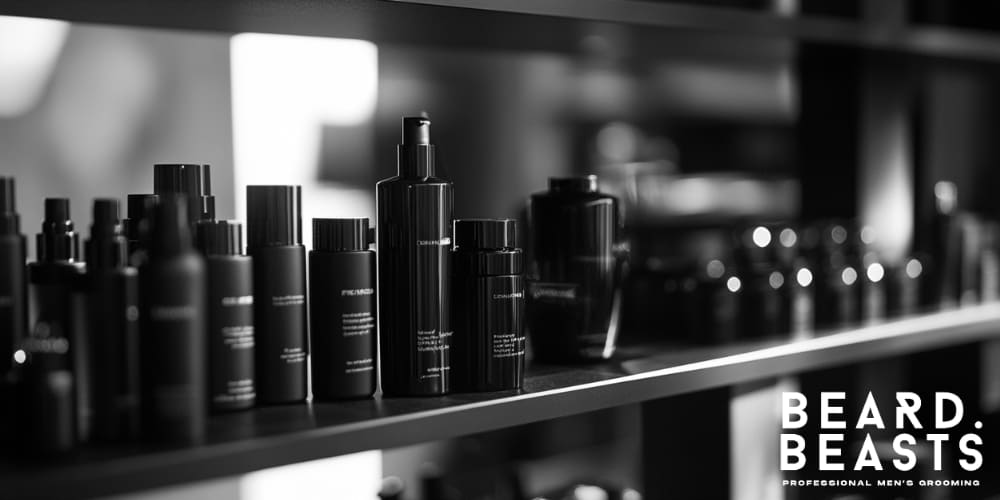 Black and white image of a shelf filled with sleek, professional men's grooming products by Beard Beasts. The neatly arranged bottles and containers highlight a premium and sophisticated grooming collection, emphasizing the brand's focus on high-quality styling and care products for men.