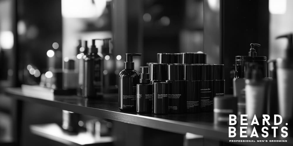 Black and white image of various men's grooming products displayed on a shelf, highlighting professional hair care and styling products from Beard Beasts.