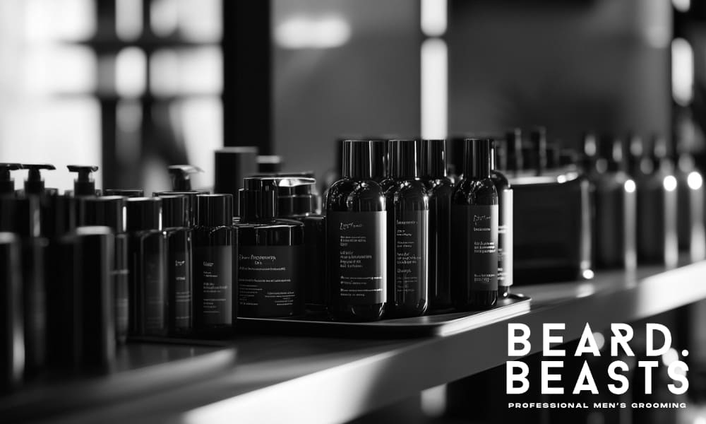 A black and white photograph of a collection of premium men's grooming products displayed on a sleek, modern shelf. The assortment includes various bottles, pumps, and jars, likely containing shampoos, conditioners, beard oils, styling creams, and pomades. The packaging is minimalist and professional, with dark, uniform containers that emphasize a luxurious and high-quality aesthetic. The blurred background adds depth, drawing attention to the well-organized display of grooming essentials.