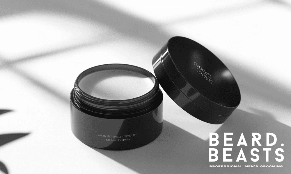 Sleek black container of Beard Beasts styling product with an open lid, showcasing a smooth, creamy formula. The minimalist design features subtle branding in white text on the black packaging. The container sits on a white surface with natural light casting soft shadows, creating a clean and modern aesthetic.