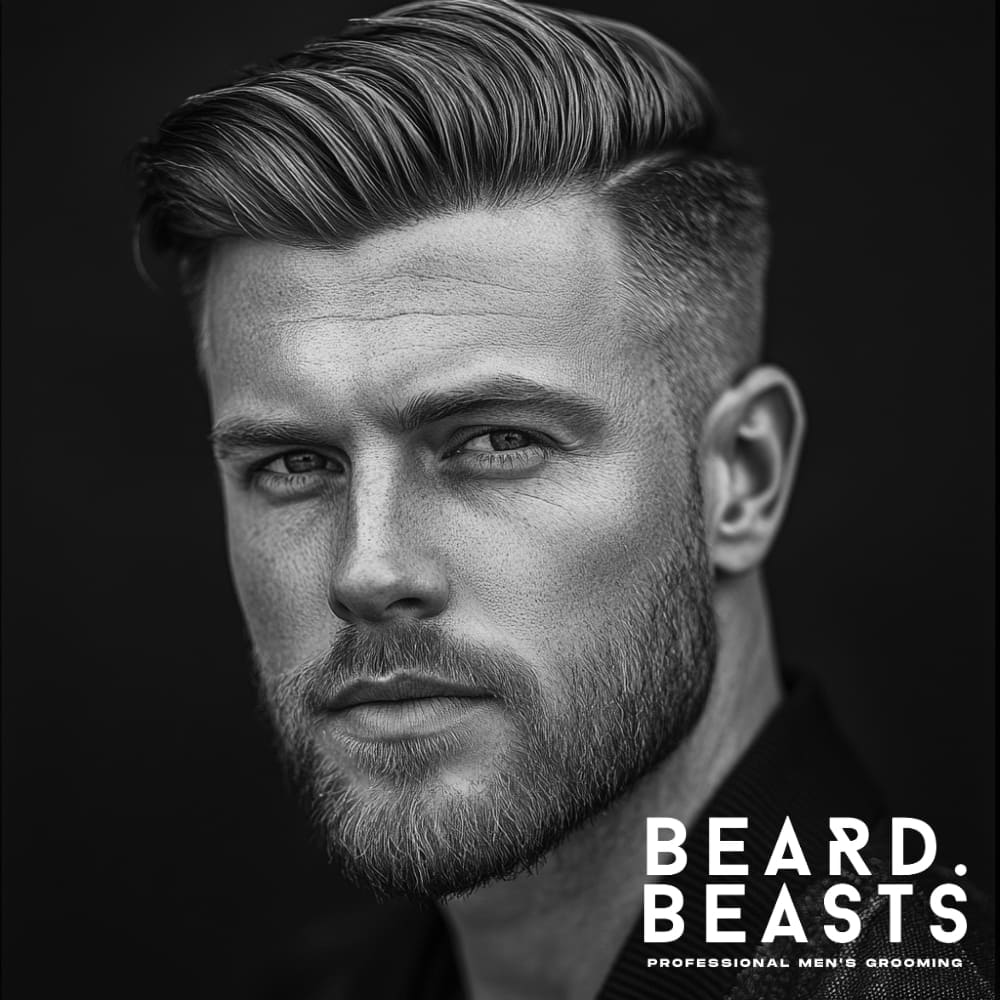 Black and white portrait of a man with a textured side part haircut, featuring a sharp, defined parting line and voluminous, textured hair on top. The sides are cleanly faded, highlighting the contrast with the longer, styled top. The man's well-groomed beard complements the professional yet modern look, in line with the Beard Beasts Professional Men's Grooming brand. The image showcases the classic elegance and contemporary style of a true textured side part hairstyle, emphasizing clean lines, natural movement, and a polished appearance.